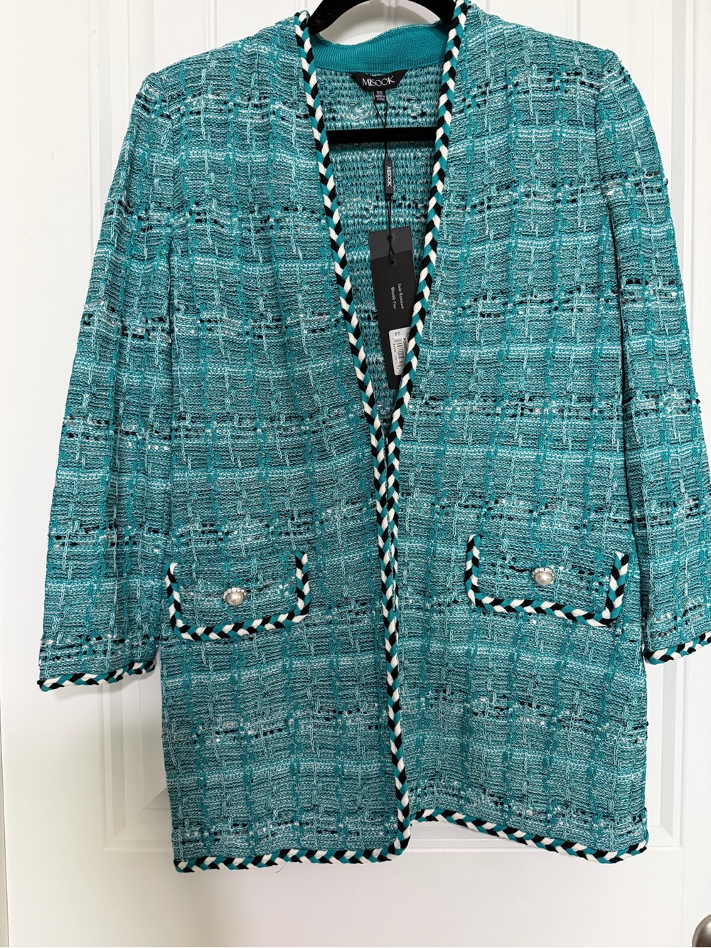 Misook NWT Aqua Lace Embellished Knit Blazer Jacket Pearl Button XS